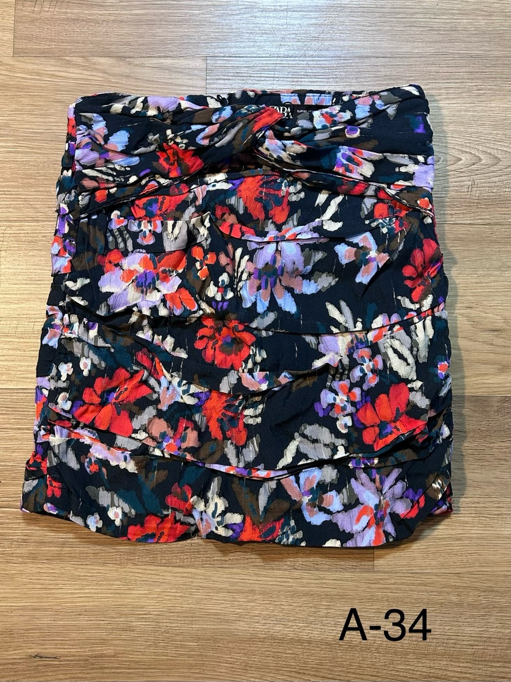 Zara XS Black Multicolor Floral Ruffle Knot Draped High-Waist Mini Skirt